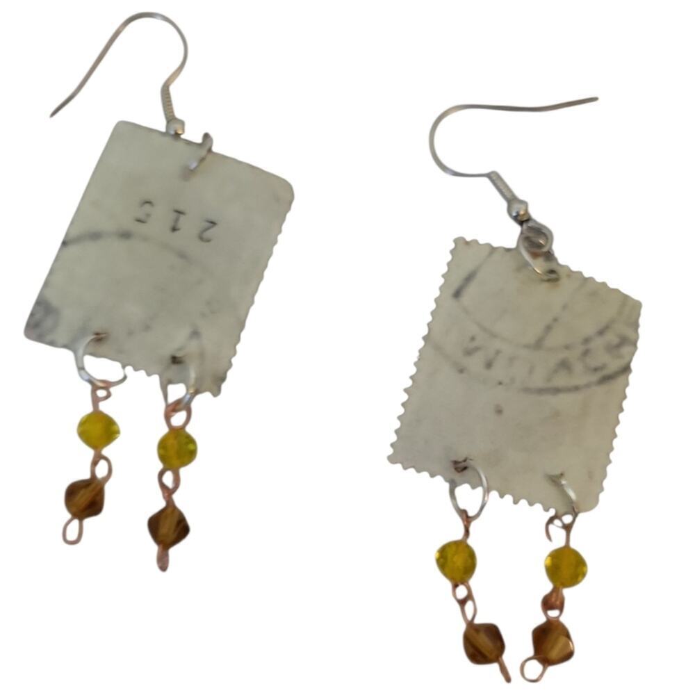 Retro Safety Stamp Earrings Hypoallergenic Yellow & Orange Glass Bead - Picture 2 of 2